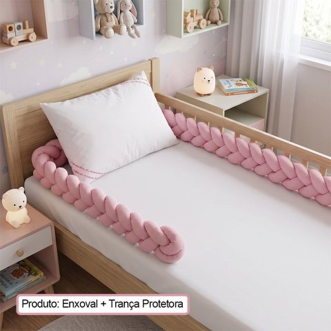 Enxoval Cama Infantil Rosa Classe a com Lençol Trança Travesseiro e Fronha Conforto Premium