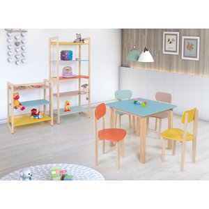 Kit Quarto Infantil Mesa com 4 Cadeiras e 1 Prateleira 150cm 1 Estante 75cm Colore