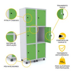 ROUPEIRO DE AÇO 2M 06 PORTAS PITÃO PANDIN - CINZA/VERDE GRP 502/6 DI - 3