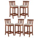 Ver imagem 1 de Kit 5 Banquetas Média Estofada Encosto Valentina 36x90Cm Bancada Madeira Maciça Linho Bege M58 - RMI