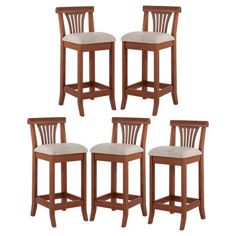 Kit 5 Banquetas Média Estofada Encosto Valentina 36x90Cm Bancada Madeira Maciça Linho Bege M58 - RMI