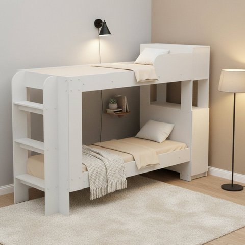 Cama Beliche Adulto Junevil Baú Superior com Escadas Armário de 1 Porta Branco/Pint