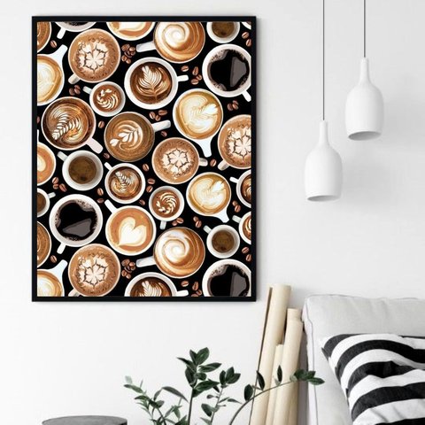 Quadro Decorativo Xícaras Cafés Variados - 70x50cm:moldura Preta
