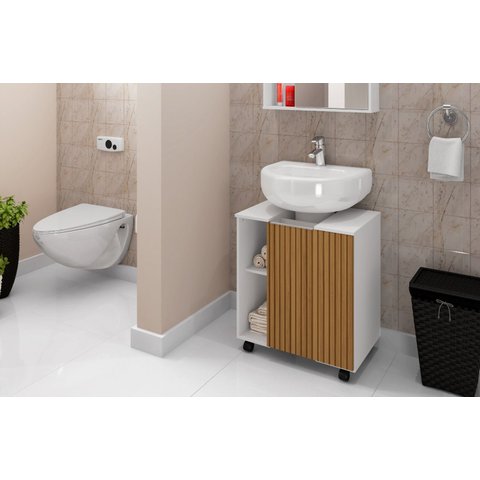 Gabinete para Banheiro Pequin 6 Nichos 4 Rodas MDP Brilho UV:Branco/Naturale
