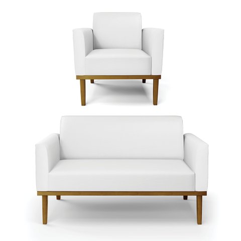 Conjunto Poltrona e Namoradeira Decorativa Isabella Pés Fixo em Madeira Castanho Pu Branco G19 - Gra