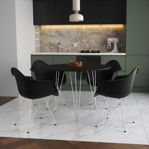 Mesa Jantar Redonda 90cm Preta Clips 3 Pés com 4 Poltronas Pretas Ferro Branco Preto