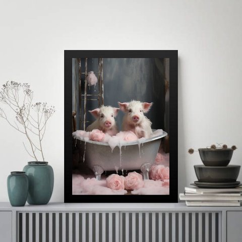Quadro Decorativo para Banheiro - Porquinhos 24x18cm - com Vidro:moldura Branca