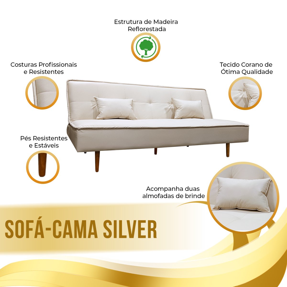 Sofá Cama Silver 3 Lugares Reclinável 1,92 Material Sintético Bege - Star Confort - 10