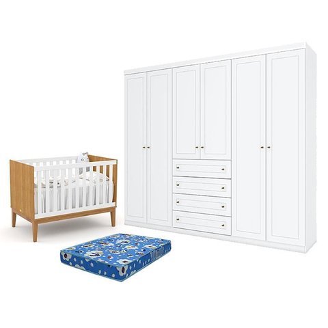 Berço Americano Unique Freijó Branco Soft  Eco Wood - Matic e Guarda Roupa Casal Americano 6 Portas 