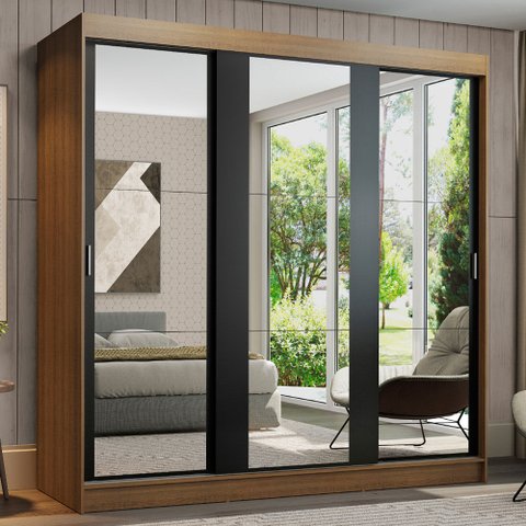Guarda-Roupa Casal Madesa Reno 3 Portas de Correr de Espelho Rustic/Preto Cor:Rustic/Preto