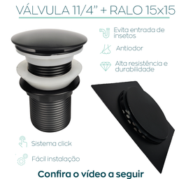 Jogo Inox Preto Valvula click 1 1/4 Para Pia E Ralo Click Quadrado 15x15 Para Banheiro Lavatorio Kit - 6