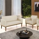 Ver imagem 2 de Sofá Namoradeira e 1 Poltrona Base Madeira Castanho Maressa Veludo Luxo Off White - Ibiza