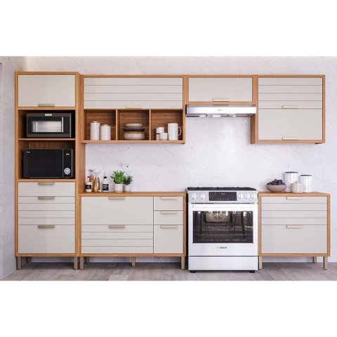 Cozinha Modulada Completa Eloise 6 Peças (3aéreos+2balcões+1paneleiro) Cz023 Freijo/off White -