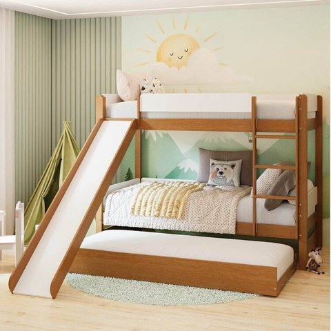 Treliche com Cama Auxiliar e Kit Escorregador Aria Casatema MadeiraOriginals Marrom/Nogueira/Branco