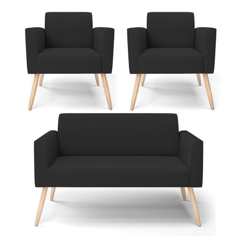 Sofá Namoradeira com 2 Poltronas Pés Palito Natural Marisa Veludo  