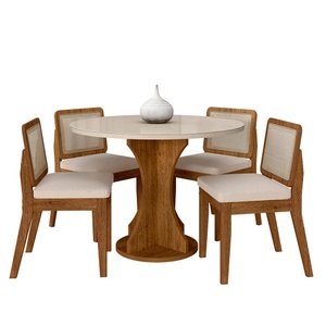Mesa Redonda C/vidro 4 Cadeiras Sextavada Cali Fre/off/bouclé Off - Ma Freijó/off Premium/boucl