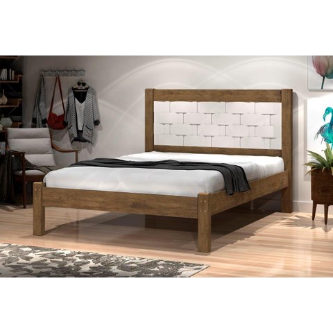 Cama Lai Casal com Cabeceira Trabalhada 100% Mdf com Estrado em Madeira Cor Jequitiba/off White Ja