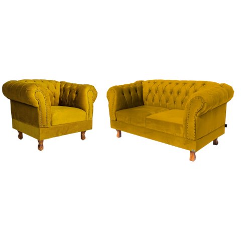 Conjunto Sofá Namoradeira Chesterfield Capitone Suede Amarelo Decorativa / Sala, Tv, Estar, Recepção