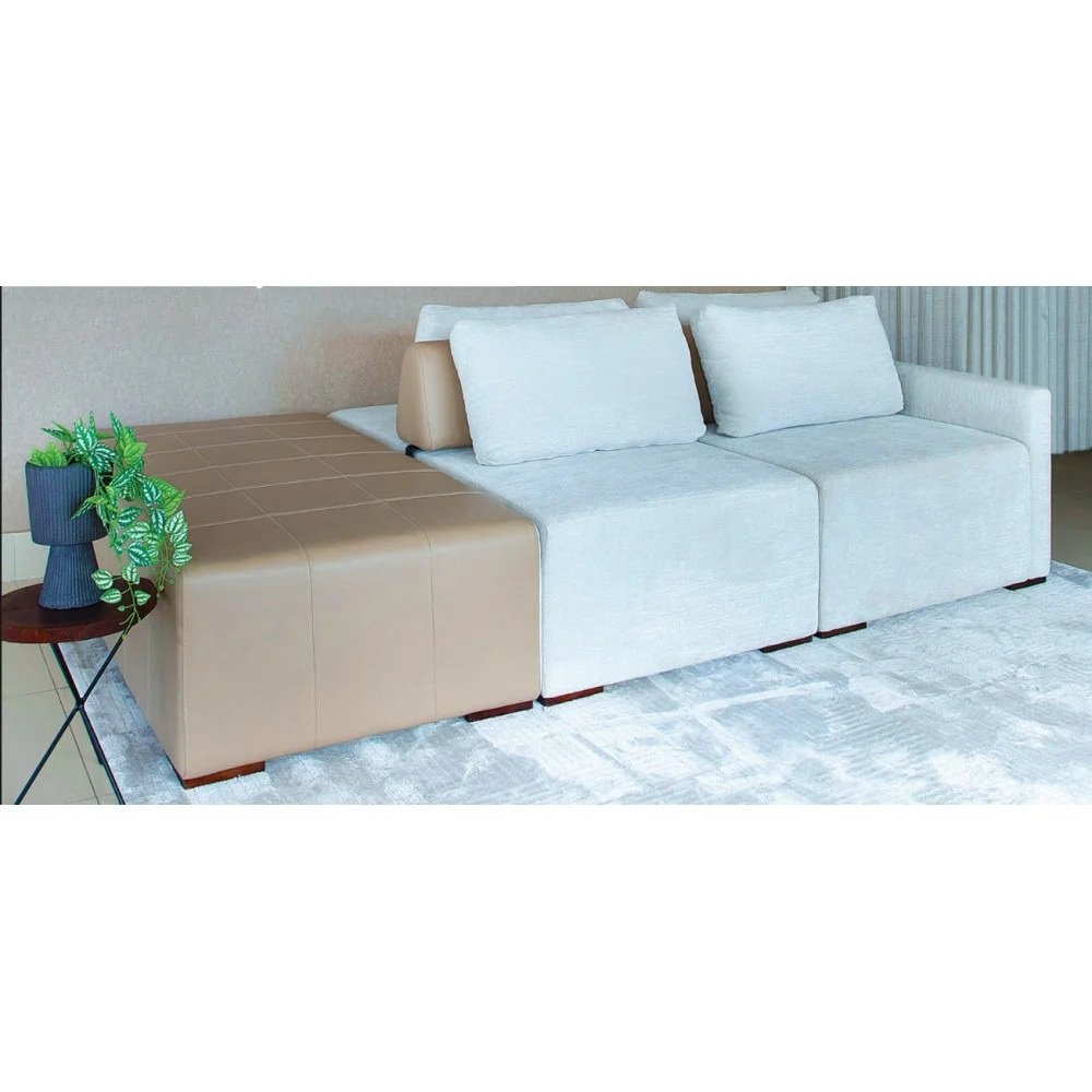 Sofá Ilha Mônaco com Puff Modular 255 Cm Bouclê Off White e Sintético Caramelo - 2