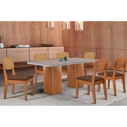 Conjunto Sala de Jantar Maldivas C/ Tampo Madeirado C/ Vidro Canto Curvo 180x90cm e 6 Cadeiras
