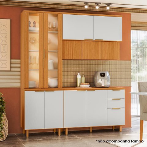 Conjunto Paneleiro, Aéreo e Balcão 120cm Bari - Freijo UV/Off Acetinado