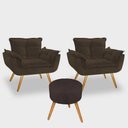 Ver imagem 1 de Conjunto 2 Poltronas Decorativas Opala e 1 Puff Redondo Pés Palito Suede Marrom VictoriaDecor