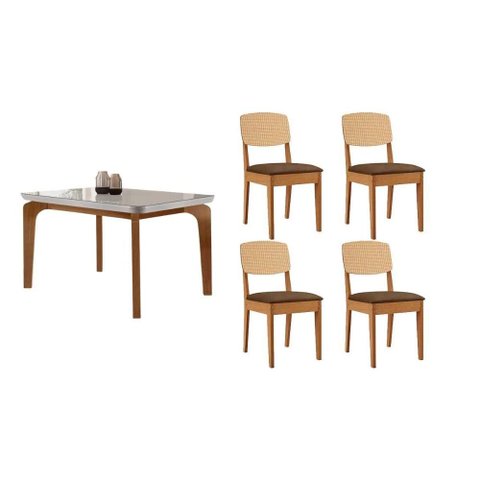 Conjunto: Mesa Sala Jantar Londrina Tampo c/ Vidro Curvo 120cm+4 Cadeiras Havana Naturale/Off White