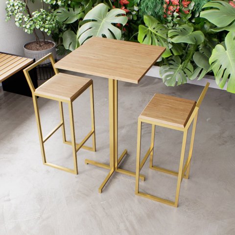 Jogo Mesa Alta Bistrô Quadrada 2 Banquetas Pinus Confort Industrial Dourado Don Castro Decor Industr