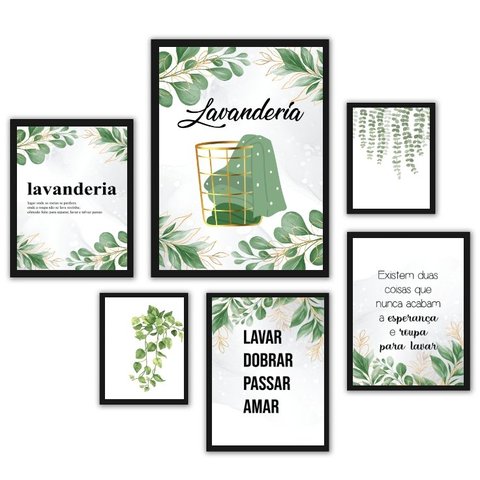 Composição 6 Quadros Decorativos Lavanderia Folhas - com Vidro:madeira Branca