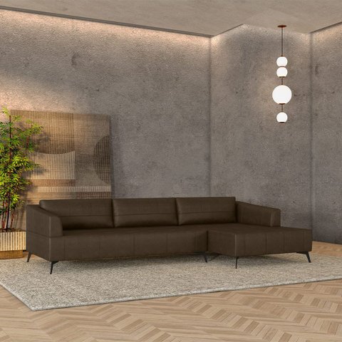 Sofá Bipartido Sala de Estar Kiara 332cm Chaise Direito Pés de Ferro Couro Marrom Manchado G52 - Gra
