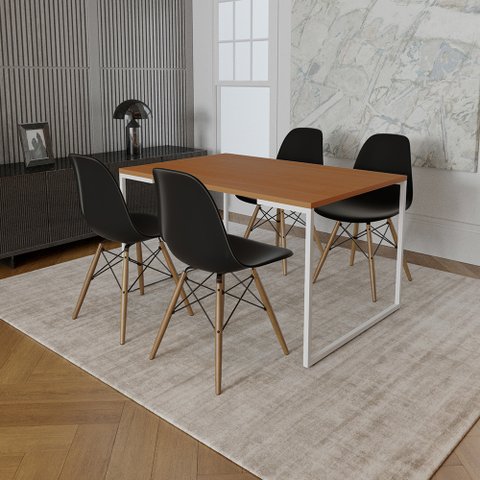 Mesa Industrial Base Ferro Branco 137x90 Tampo Canela 4 Cadeiras Eiffel Madeira Assento Preto