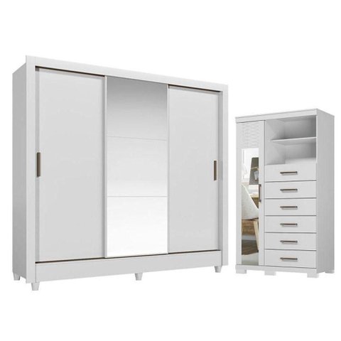 Guarda Roupa Casal Itália 3 Portas Correr com Espelho e Cômoda Marabá com Pés MDF MDP Branco