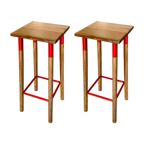 Kit 2 Banquetas Bistro Industrial Colors Ferro e Madeira Maciça - Vermelha