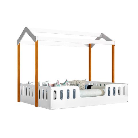Cama Casal Casinha Montessoriana Ágatha com Colchão D28 - Branco/Mel