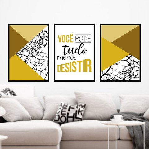 Kit 3 Quadros Você Pode Tudo - Dourado 45x34cm - com vidro:Madeira preta