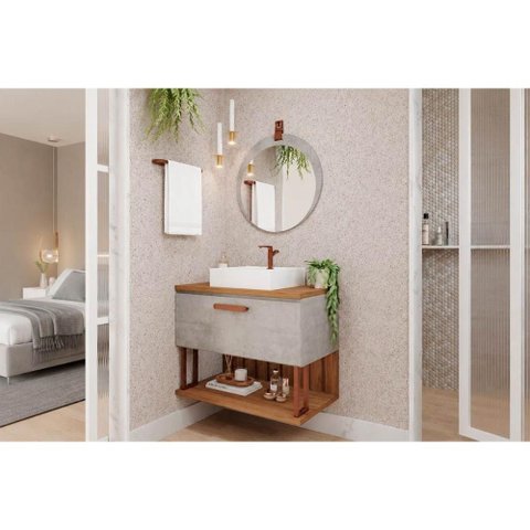 Conjunto Banheiro c/Espelho Duna/Lua 80cm Cimento/Freijo MGM
