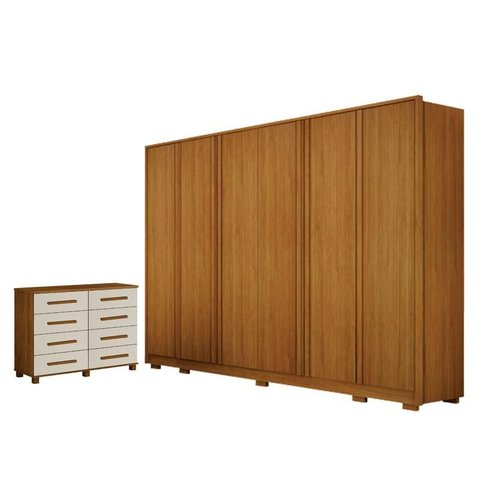 Guarda Roupa Casal Ares 6 Portas Cinamomo com Cômoda San Marino 8 Gavetas Cinamomo Off-white – Leife