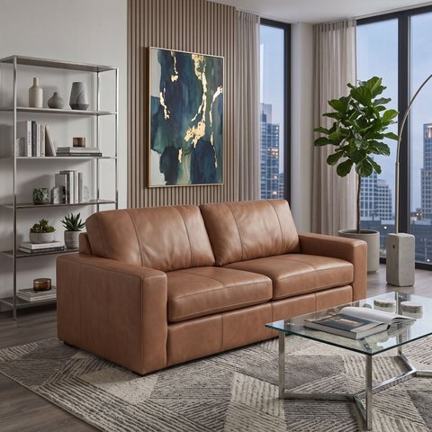 Sofá 3 Lugares Couro Camel Terracota Legitimo 235cm Natural Premium Adel Dekorien