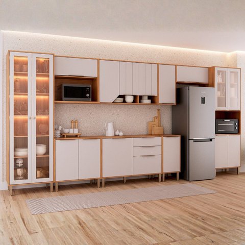 Cozinha Modulada 9 Peças com 1 Cristaleira 2 Balcões 4 Armários Aéreo e 1 Torre Celeste Cinamomo/Offwhite