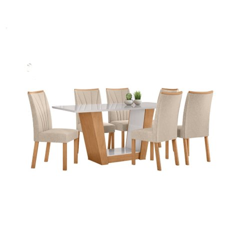 Conjunto Sala de Jantar Mesa Apogeu 170 Tampo Vidro Off White com 6 Cadeiras Apogeu - Lopas Amendoa 