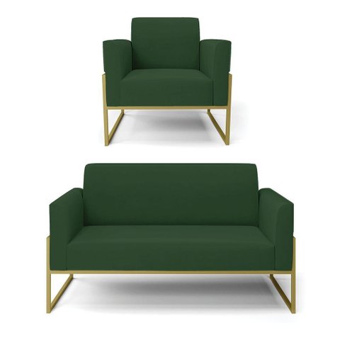 Sofá Namoradeira com Poltrona Base Industrial Alta Dourado Marisa Veludo D03 - D\'rossi Cor Verde