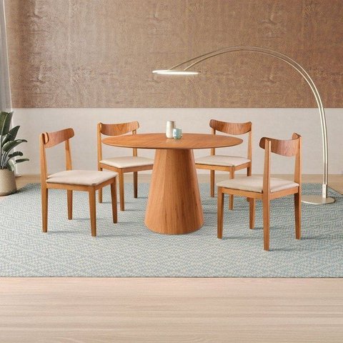 Conjunto Sala de Jantar Mesa Cone Amadeirada + 4 Cadeiras Aurora