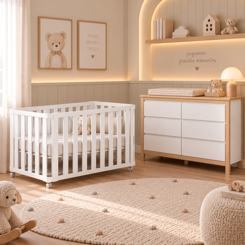 Conjunto Berço 2 em 1 Vira Mini Cama Branco Fosco e Cômoda Softy Branco com Carvalho Malva.