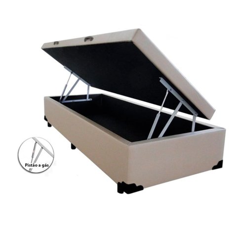 Cama Box Baú Solteirão Sintético Bege com Pistões a Gás 0.96x2.03