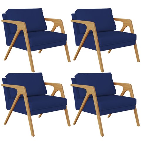 Kit 4 Poltronas Decorativas Sala Pietra Estrutura de Madeira L02 Suede Azul Marinho - Lyam Decor