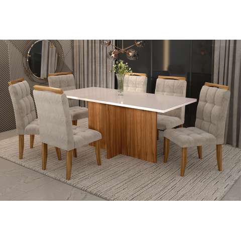 Sala de Jantar Loas Angeles 160cm c/Vidro com 6 Cadeiras Madeira Maciça Londres Cinamomo/Off Veludo 
