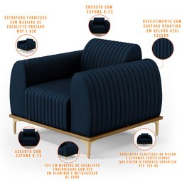 Kit 02 Poltronas Decorativa Base Madeira Pés D'Ouro Molino D02 Veludo Azul Oxford C-304 - Lyam - 4 Kit 02 Poltronas Decorativa Base Madeira Pés D'Ouro Molino D02 Veludo Azul Oxford C-304 - Lyam - 4