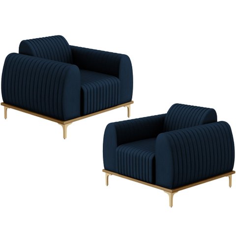 Kit 02 Poltronas Decorativa Base Madeira Pés D'Ouro Molino D02 Veludo Azul Oxford C-304 - Lyam