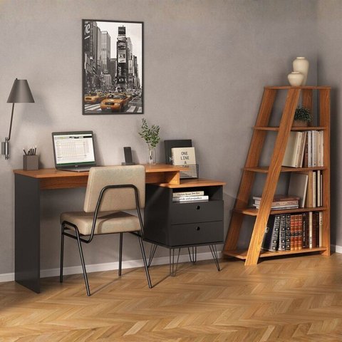Conjunto Escrivaninha Regulável Estilo Industrial com 2 Gavetas e Estante Star 5 Prateleiras Freijo Preto Artany