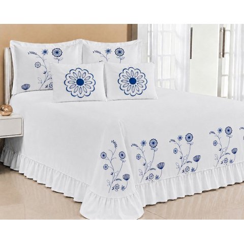 Kit Cobre Leito Casal Queen Encanto 07 Peças Bordado Colcha - Branco com Azul Royal